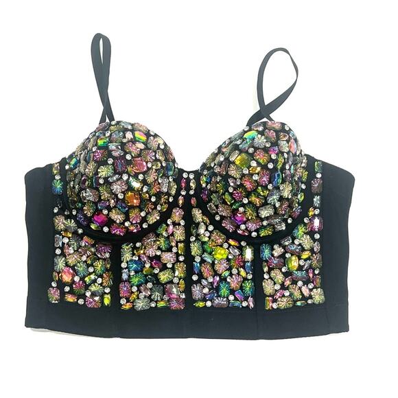 AB Rhinestone Encrusted Corset Bra Bustier Crop Top EDC RAVE FUN FESTIVAL FLIRTY - Picture 1 of 10